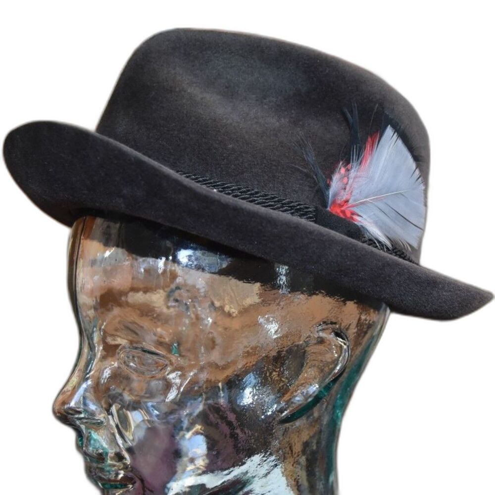 Vintage 1950s 60s Dobbs Fifth Avenue Fedora Gray Felt Feather Hat 6 5/8